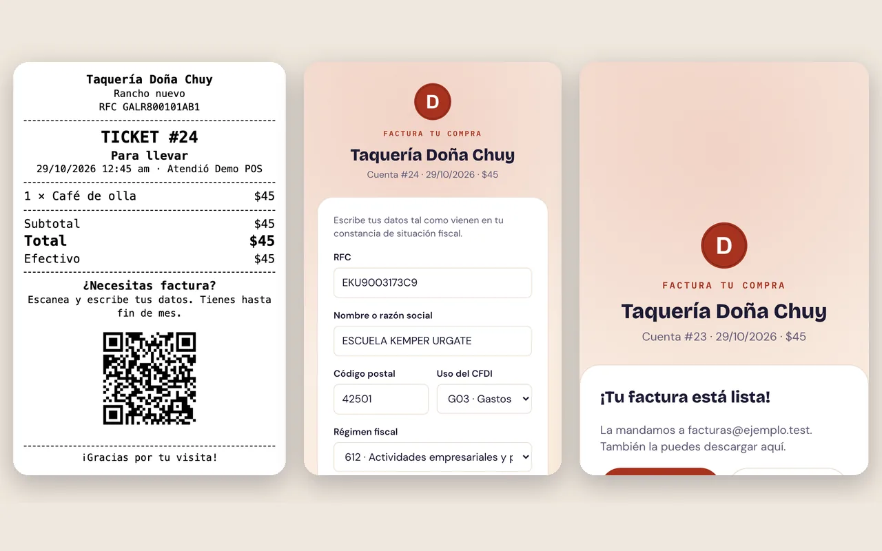 El ticket con el QR para facturar, el formulario con los datos fiscales del cliente y la factura lista para descargar